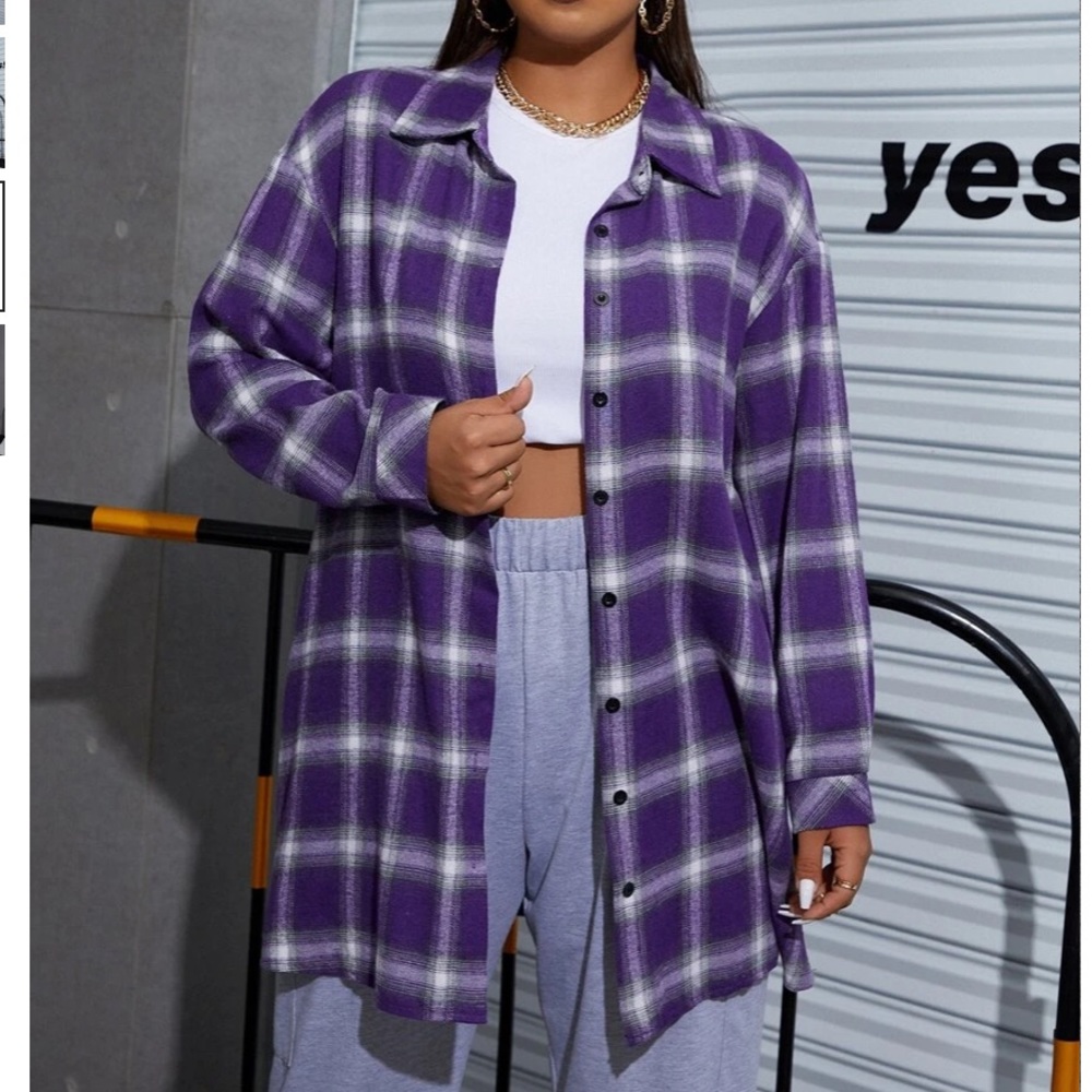 PLUS SIZE PURPLE PLAID DROP SHOULDER BUTTON UP TUNIC